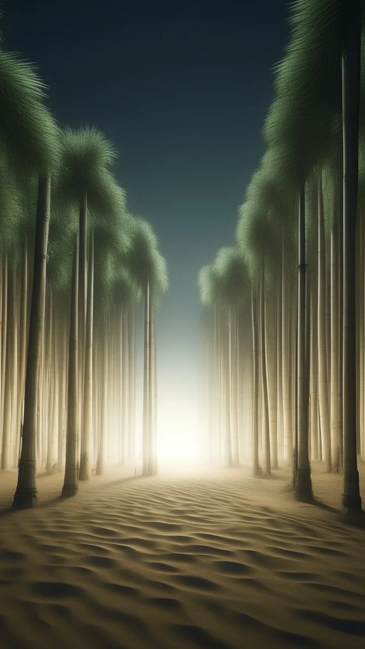 realistic photo of a tall bamboo trees in a landscape covered in sands that looks futuristic with futuristic lighting