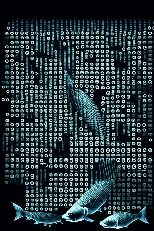 ASCII school of fish each of which is created from the sequence of keys "<>< " on the keyboard; ASCII art