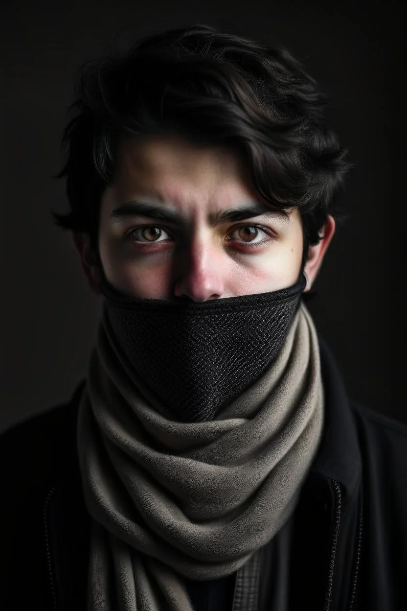 Portrait of a young man, short black hair, with a long scarf Who cover his mouth and a mask in his eyes