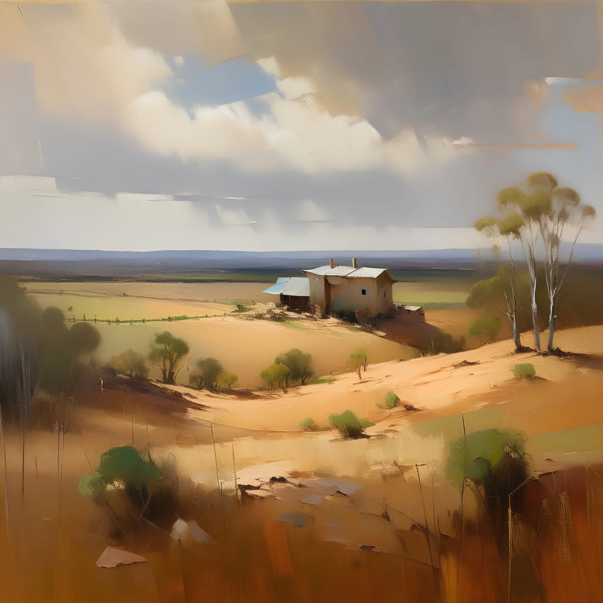 Oil Painting of a Australian Outback Landscape in the Style of Arthur Streeton: An oil painting paying homage to Arthur Streeton's Australian impressionist works, depicting the vast expanse of the Australian outback under a sweeping sky, with the hotel's brutalist structure integrated seamlessly into the natural scenery.