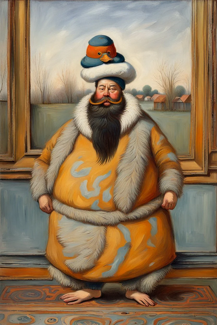 big fat Hairy man with a duck hat.19th painting