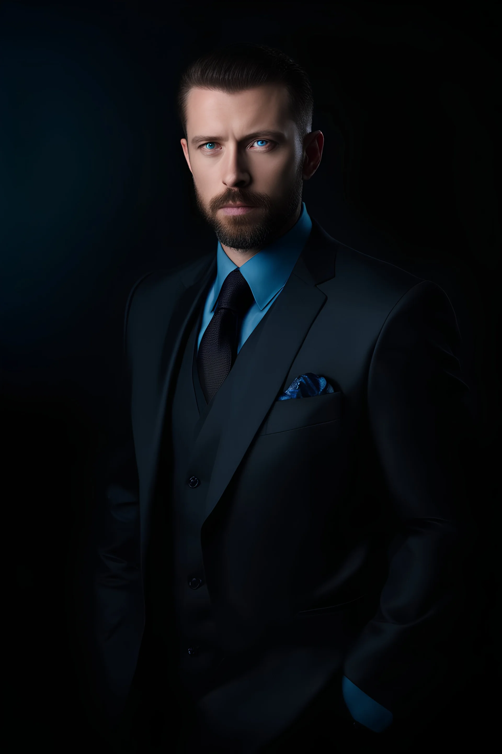 a white man with crew-cut dark brown hair tapered on the sides, bangs over the forehead, goatee, bushy eyebrows, blue eyes, wearing a three-piece suit - resembles Elvis Presley, pitch black background with an overhead spotlight effect, professional quality studio 8x10 35mm photograph