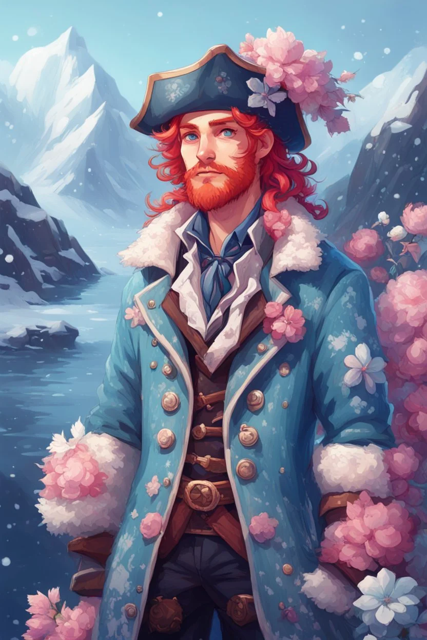 kind sailor, man, red slightly curly hair, long jacket, pink-azure clothes, pink-azure cocked hat in cold colors, white floral pattern on jacket, flower in hair, pirate, frozen, stardew, valley style