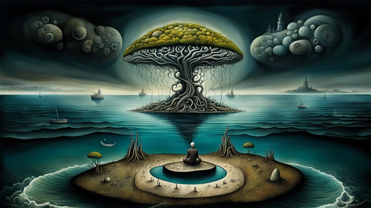 one alone human sitting on deep dark colors little island on big ocean, next the island close alone human there is beautyful landscape with with cites and with many humans, . normal neurotipical lifes contrast the weird inner world with neurodivergens soul and mind,, Whimsical strange style of Chagall, of Bosch of giger and Anton Semenov. weird absurd beauty nightmare, in background neuronic network and normal landscape Whimsical surreal vibe, cinematic
