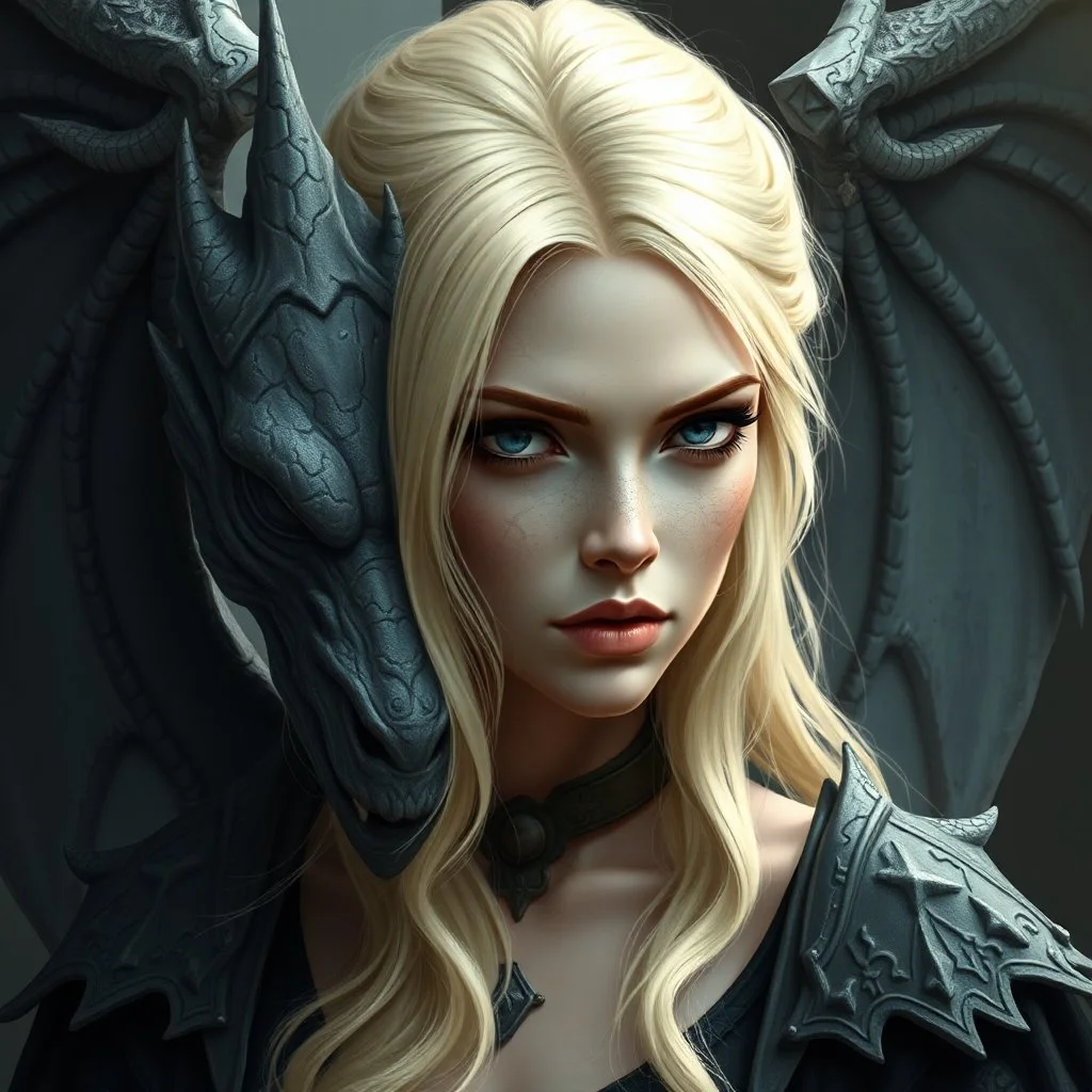 a blonde fantasy woman who is half human and half gargoyle, face is stone, medieval, gothic, digital art, stylised