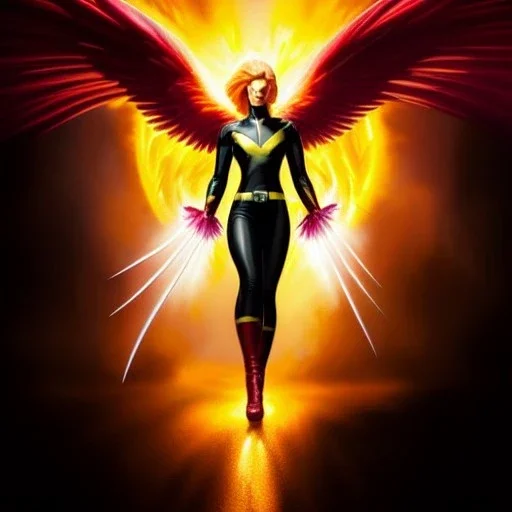 Ultra detailed fullbody Portrait in oil on canvas of X-men -beautiful phoenix on fire,extremely detailed digital painting,ultrarealistic skin,intense stare, extremely detailed face, crystal clear eyes, mystical colors ,perfectly centered image, perfect composition, rim light, beautiful lighting,masterpiece ,8k, stunning scene, raytracing, anatomically correct, in the style of uncannyknack and Ohrai Noriyoshi and robert e howard and Steve Jung and Wizyakuza and Simon Bisley.