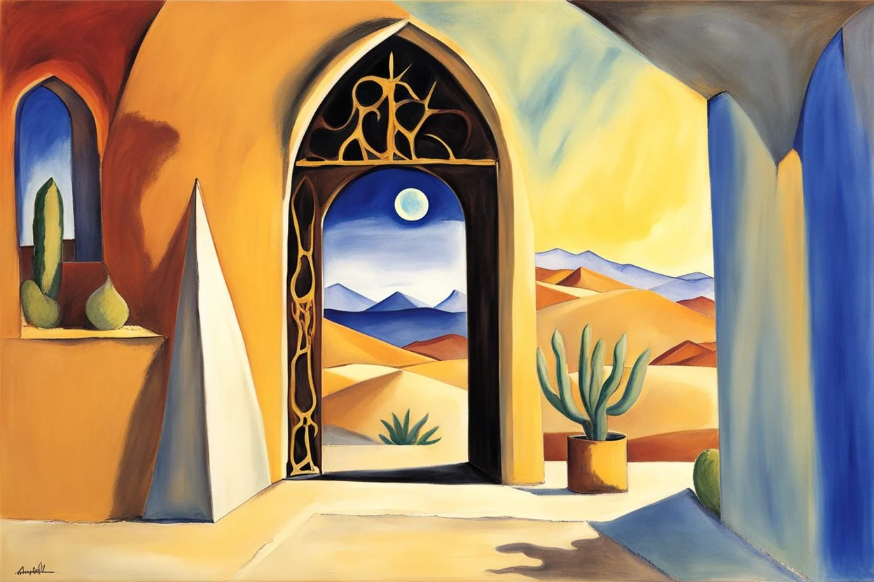 A gothic_arab glass gate in a blue wall with a view of a desert city by artist "Arthur Garfield Dove",by artist "Leonora Carrington",by artist "Emil Nolde"