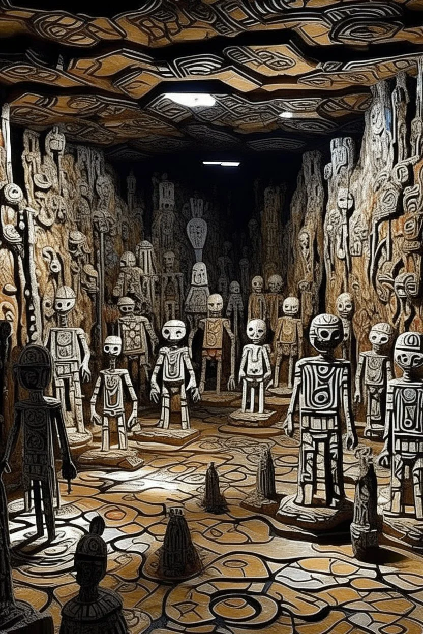 A tan underground crystal empire designed in Javanese shadow puppets painted by Jean Dubuffet