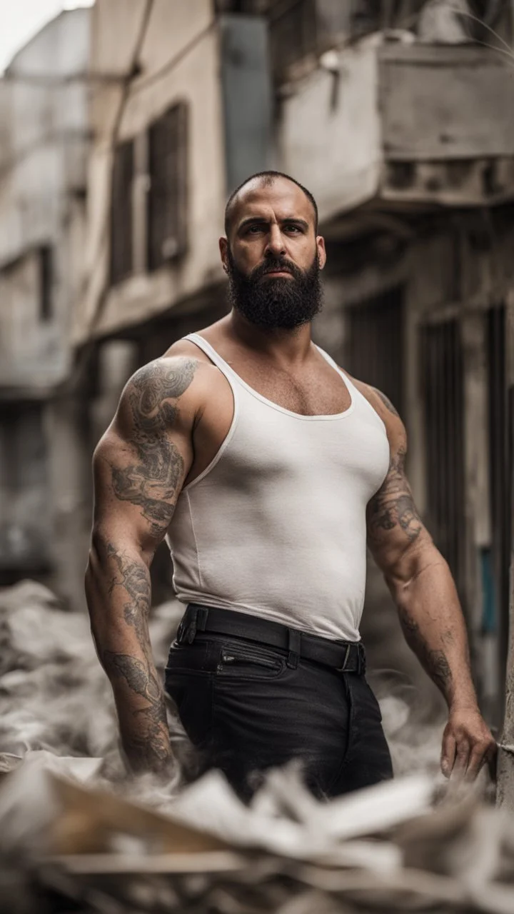 half figure photography of a shy dirty arab burly muscular beefy strong man 38 years old with raided beard, shaved hair, tattoo, ajar mouth, photorealistic ,dressed with a white tank top, side light, outdoor in a dirty street full of garbage