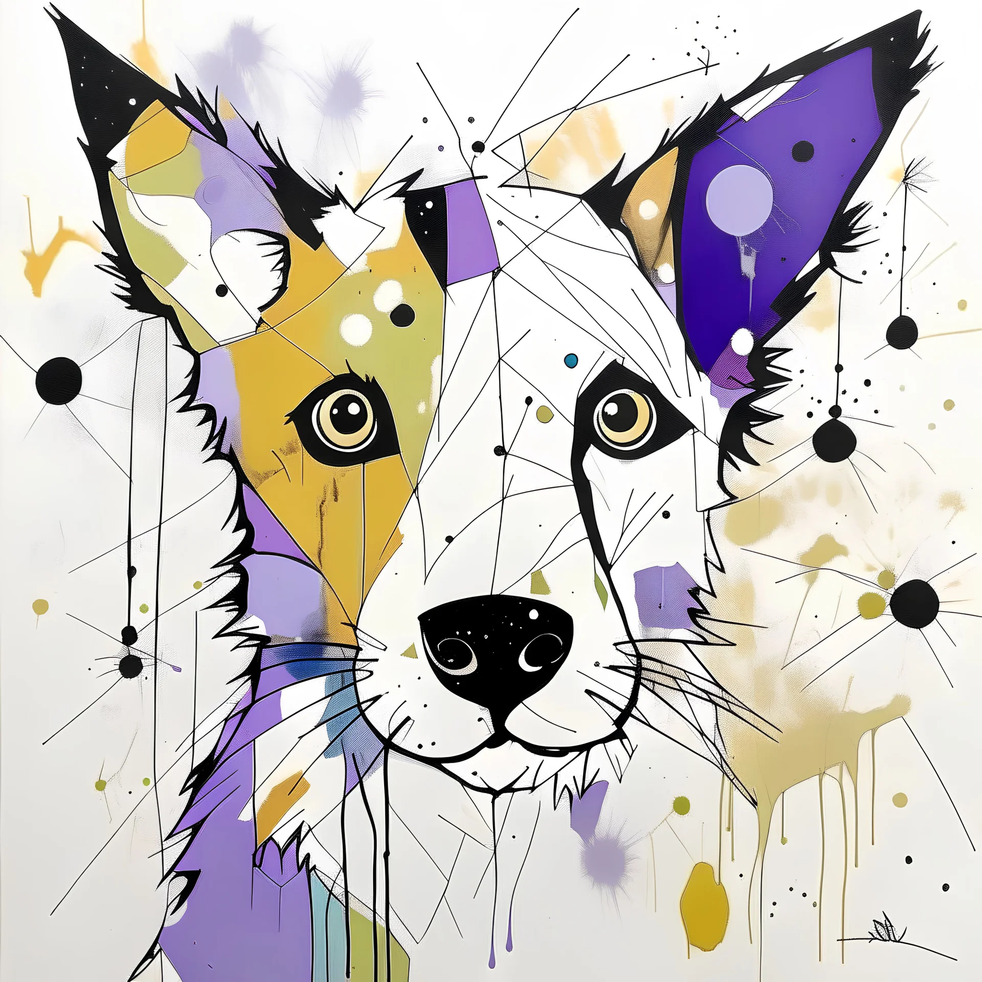 A colorful, abstract and minimal painting of a dog with exaggerated features. The dog has large eyes, a patchwork of gold, purple and tan fur, with black outline details giving a scribbled effect. the image is in the middle of a white canvas. The background should be clean and mostly white, with subtle geometric shapes and thin, straight lines that intersect with dotted nodes. The style is expressive and textured, reminiscent of outsider art.