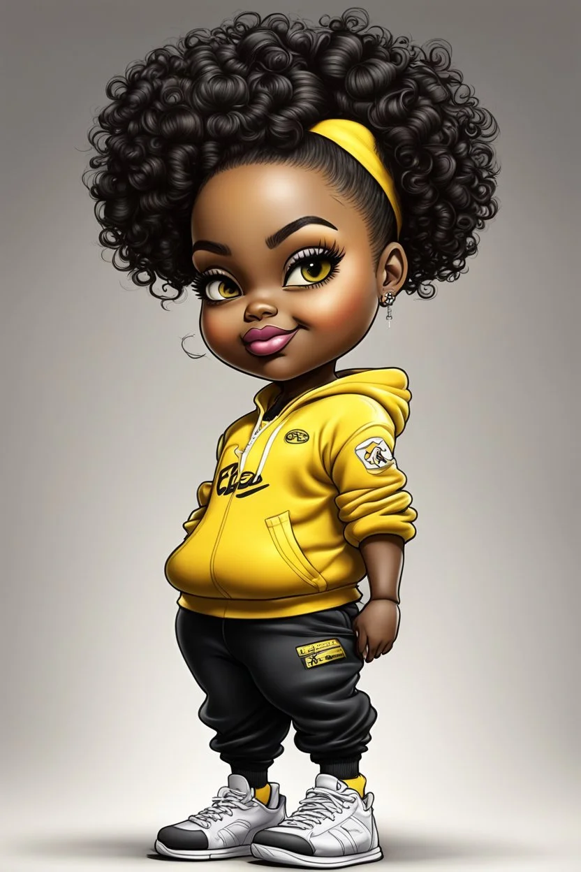 Create an airbrush image of a curvy chibi cartoon black female wearing a yellow jogger set and black sneakers. Prominent make up with hazel eyes. Extremely highly detailed of messing curly bun