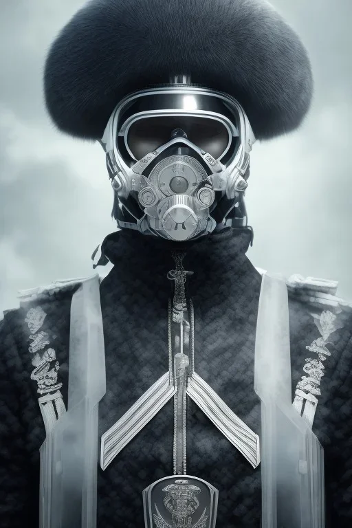 All Black Russian soldier, wearing high tech mask, white smoke, dark, rage, sorrow, high definition, ultra 8 k, volumetric lighting, blue fire, fog