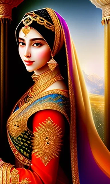 A beautiful Arab Muslim princess from the Abbasid era , beautiful portrait, flowery landscape