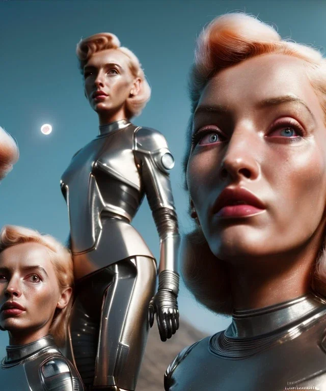 Ultra Realistic retro sci-fi movie scene, 1960 year, waist up view portrait, 3 clones blonde women, sweet young una Thurman face, perfect iris, glow eyes, face makeup. Mars and martians background, Retro sci-fi style, helmet, tight latex coat, fog, rain, soft color, highly detailed, unreal engine 5, ray tracing, RTX, lumen lighting, ultra detail, volumetric lighting, 3d, finely drawn, high definition, high resolution.