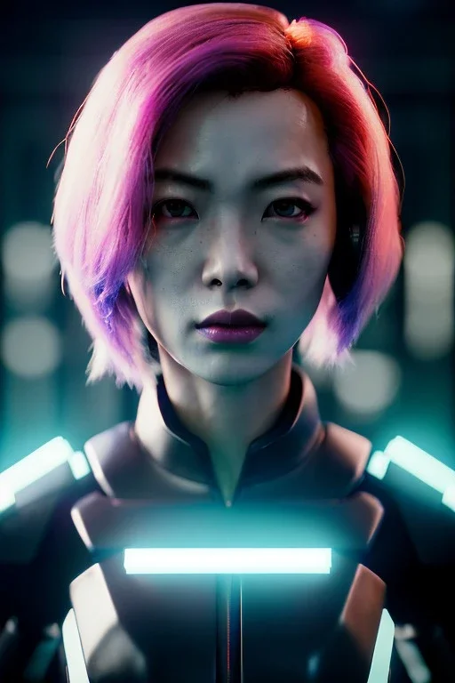 Waist up shot photo, thriller style, Asian cyborg woman :: symmetry photography, cyberpunk, pink hair, makeup, long line eye, light iris, :: latex coat, wires and circuits, pink, white, black :: cinematic, Ultra realistic, dark scene, soft color, highly detailed, unreal engine 5, RTX, ultra detail, 3d, finely drawn, high definition.