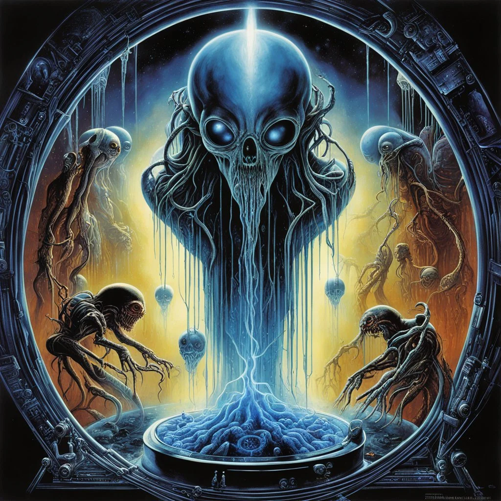 Modern movie poster art by Drew Struzan, surreal composition for sci-fi horror movie "ABANDONDED LAB", dark colors, alien creatures suspended viscous liquid in various cryogenic chambers, digital art, art from beyond, dramatic, poster art masterpiece!, by Terry Oakes and Wayne Barlow and H.R. Giger