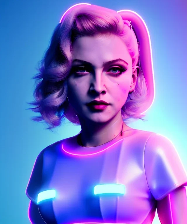 Artist, young madonna, android woman, sweet, blonde, white skin, long eyeliner, contour make-up, color leds lights, cables, short hair, circuits, cyberpunk, latex coat, cyber punk, neon, portrait, studio photo, unreal engine 5, soft color, 16 bit, god lights, ray tracing, RTX, lumen lighting, ultra deatail, volumetric lighting, 3d, finely drawn, hd.