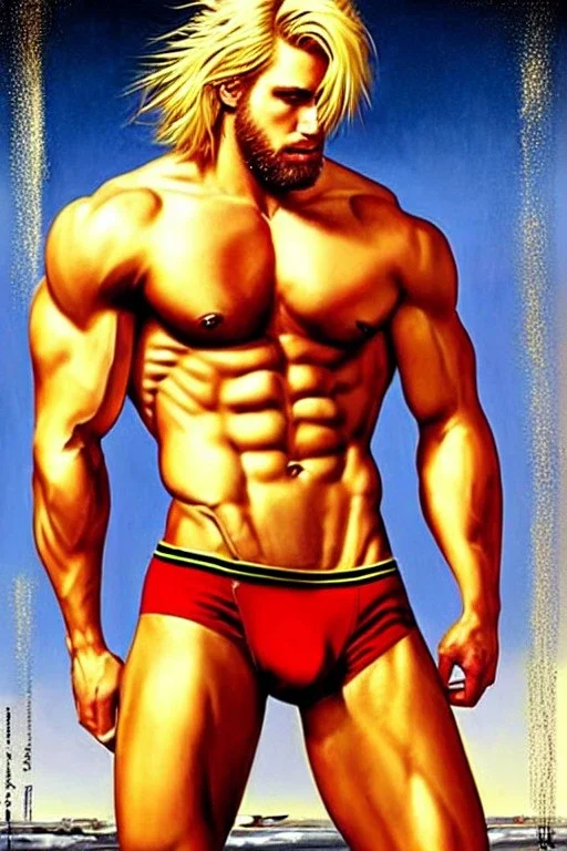 Ignore NSFW, teenager young rugged attractive slightly muscular fantasticly handsome blonde man, red briefs with yellow belt, hairy chest, (((visibly pisssing))) briefs, large erect visible boner peniss, photorealistic, artist Jay Anacleto, soft lighting, scruffy beard