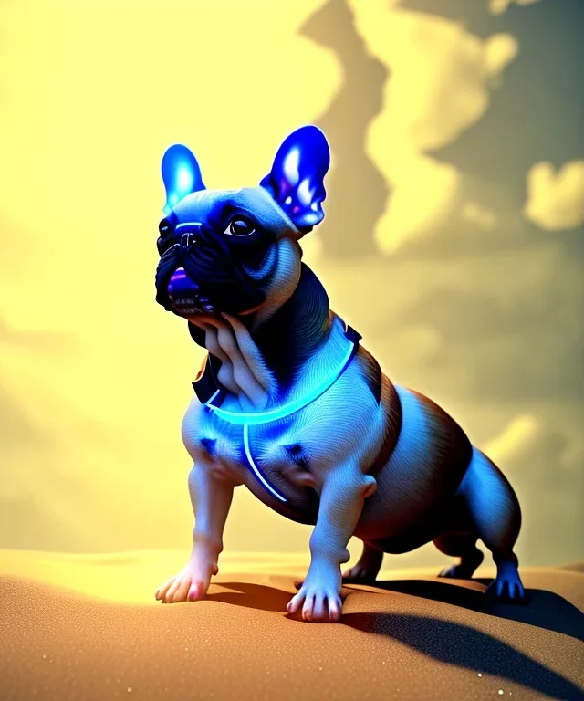 cinematic lighting, HD, high details, dramatic, atmosphereric, trending on artstation, detailed illustration of a french bulldog muscles standing on the sand, french bulldog wallpaper, detailed illustration of a french bulldog standing on the sand, french bulldog wallpaper, luminous body, sparkling body, full body, symmetrical body, realistic, luminous body, clear focus, carefully detailed, soft evening sky, muscular body, hulk body, a lot of muscles on the body, realistic body, beautiful dog