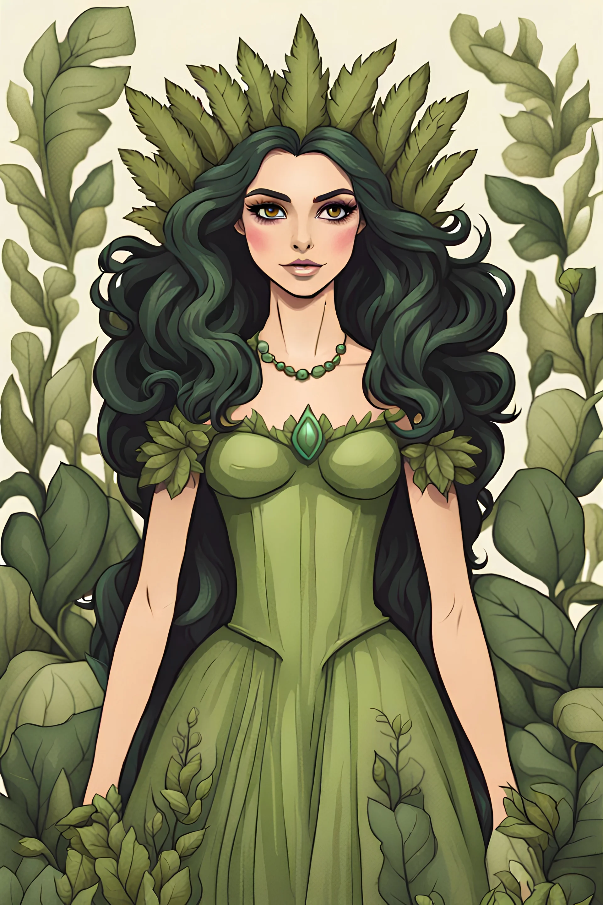 dark haired, dark eyed, fair skinned plant princess wearing green