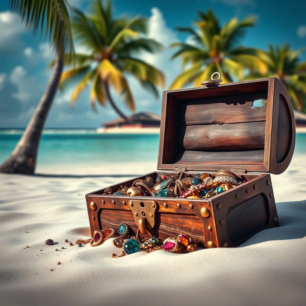 Pirates treasure chest cracked open and overflowing with jewelry and jewels half buried in the sand of a tropical island, palm trees in background, azure waters dramatic, digital photography, realistic