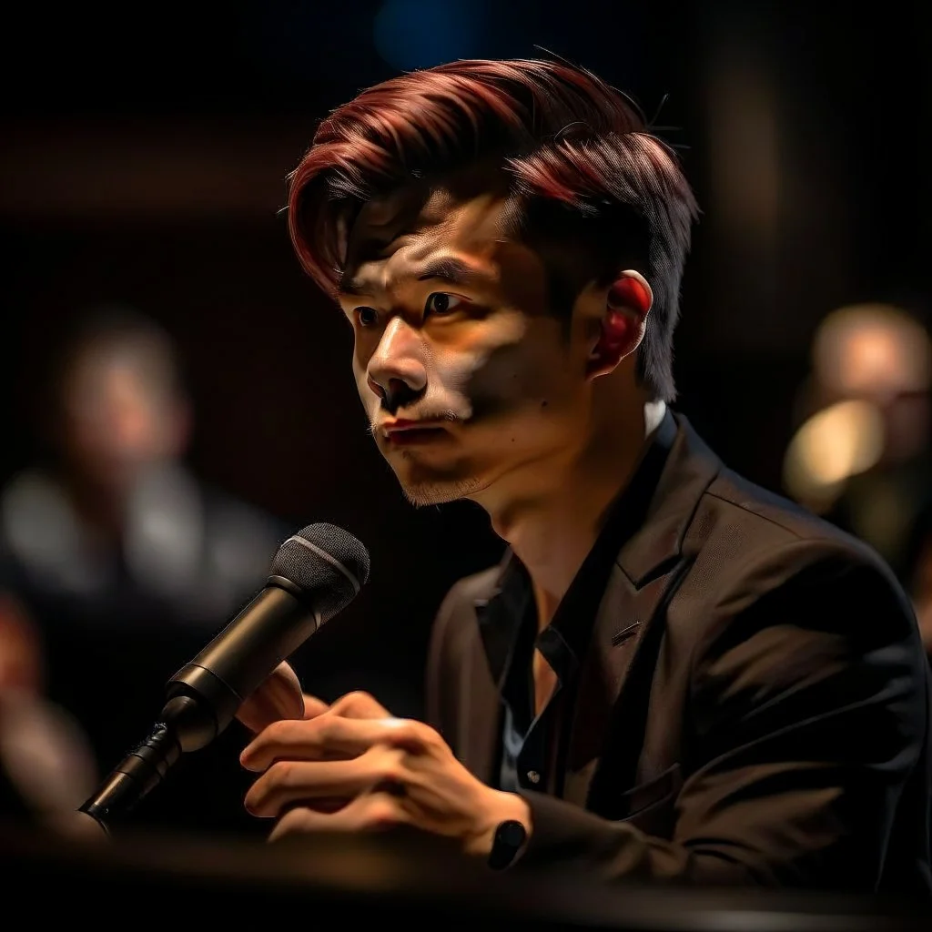 Christer Chao, young dark and handsome, with big eye brows, directing a debate, photo-realistic, shot on Hasselblad h6d-400c, zeiss prime lens, bokeh like f/0.8, tilt-shift lens 8k, high detail, smooth render, down-light, unreal engine, downlight, prize winning