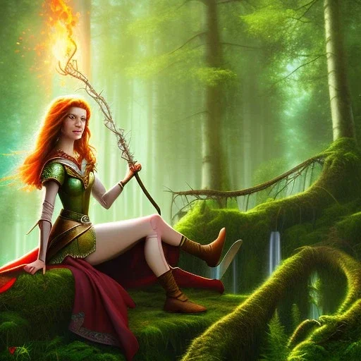 romantic fantasy spray painting, closeup of cute smiling green eyed arab red head robed elven princess bride ,sitting on a branch, loosing torch in magical forest by waterfall