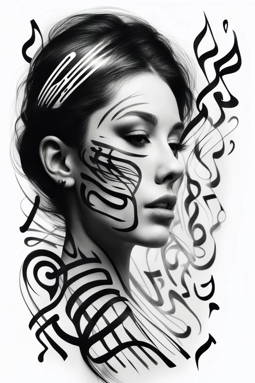 A realistic drawing in negative space black ink on white background of a musical notes and twisted piano keyboard with abstract brushstrokes face tattoos to enhance her face max enrist