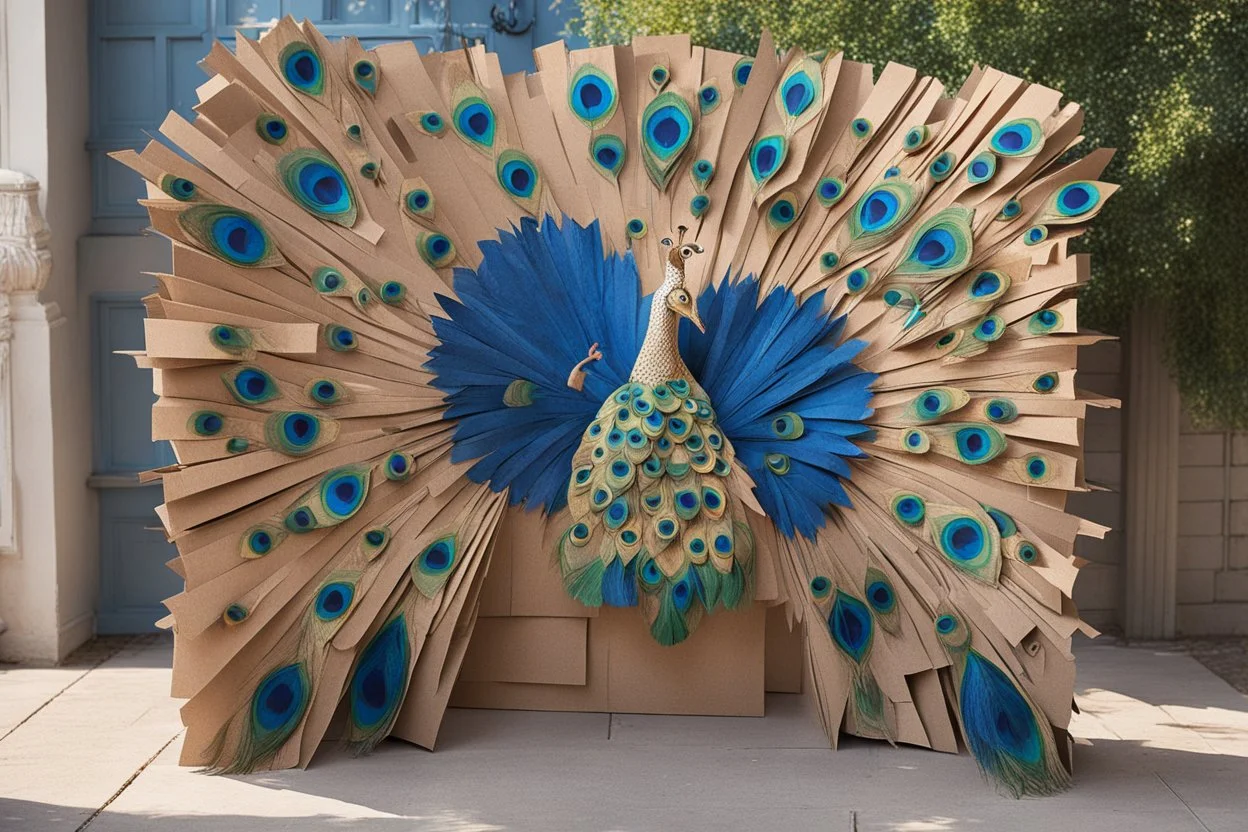 peacock scene made from torn cardboard boxes in sunshine