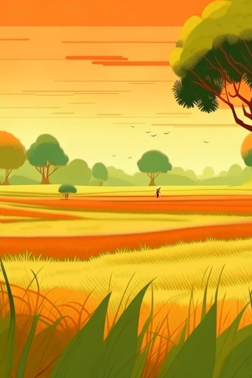 Rice field，Trees，Warm color palette，Animation，A lovely grasshopper