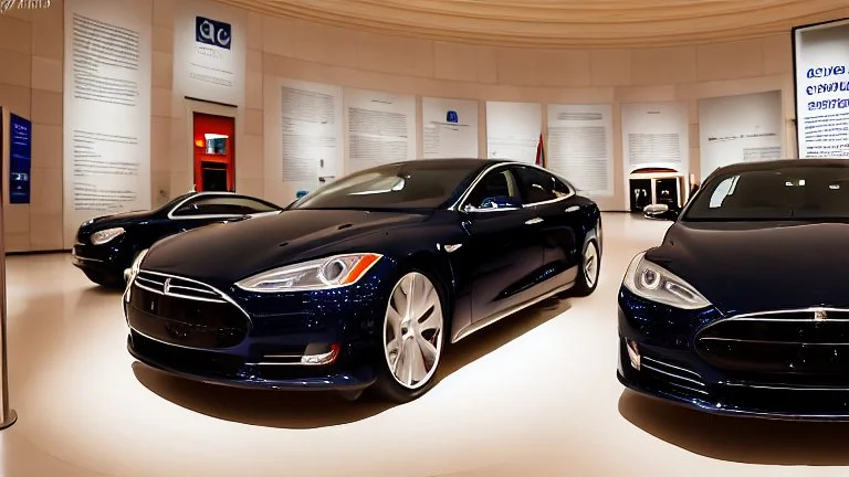 A Tesla's 'Model S Plaid' is doing donuts, inside the 'National Air and Space Museum', in Washington, D.C. CINEMATIC. WIDE ANGLE LENS.