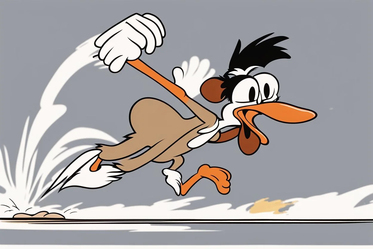 mostly empty space, small character of road runner running towards the right side, leaving behind a cloud of dust. style of looney toons cartoon