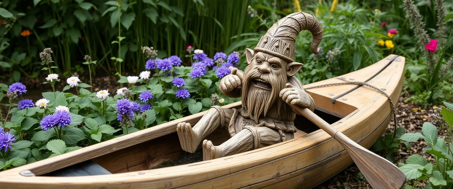 wooden garden troll in wooden kayak
