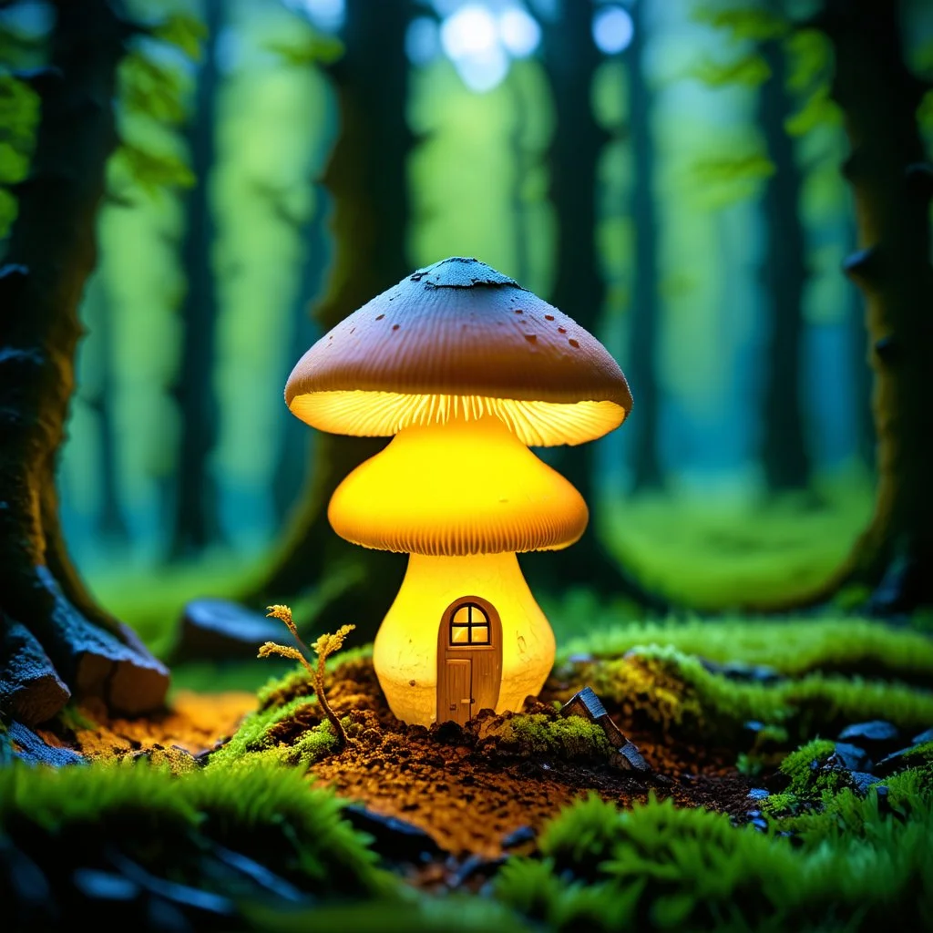 "Close up of a wonderful tiny Mushroom Tower home. Yellow and orange with bright white, deep black and contrasting tones of gray. Illuminated bioluminescent forest. Professional painter, master at composition. small but detailed. broken, blurred background, voluminous lighting"