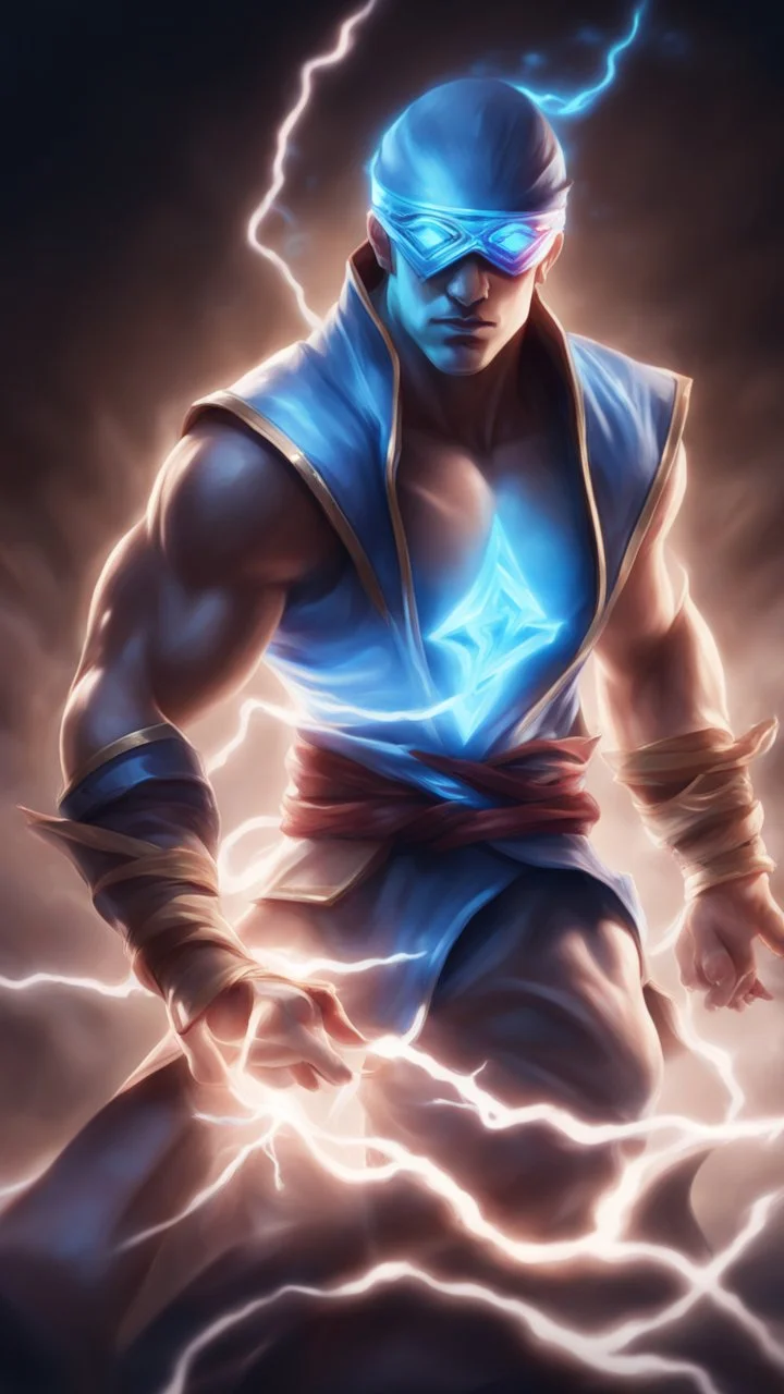 Lee Sin from League of Legends God of Thunder, blue glowing thunder, Blindfold on the eye