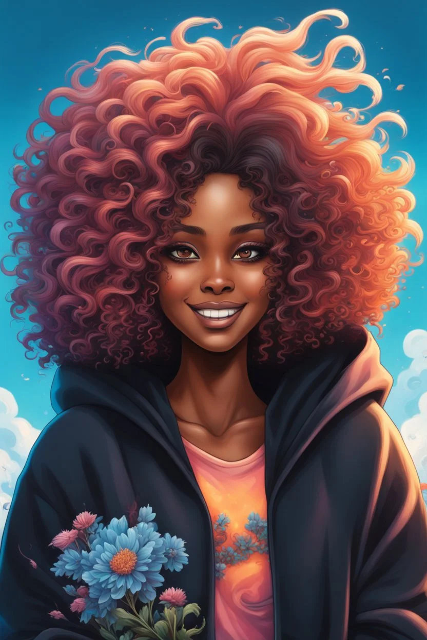 vibrant psychedelic urban culture image, airbrush, 48k, cartoon art image of a black curvy female looking to the side smiling with a large mane of curly ombre hair flowing through the wind while she has a black hoodie on, prominent makeup with hazel eyes, highly detailed hair, background peach and light blue flowers surrounding her, dystopian