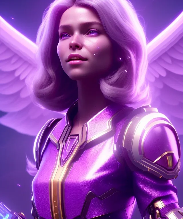 A portrait of beutiful smiling angel queen, sweet ligth purple atmospheric, realistic, unreal engine, cinematic lighting, octane render.