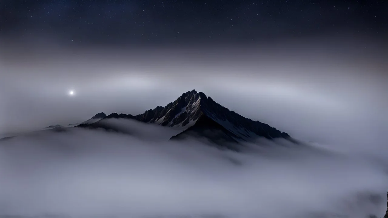 looking down from above at misty foreground and night sky, no sun, single sharp narrow mountain peak coming through the mist in the center