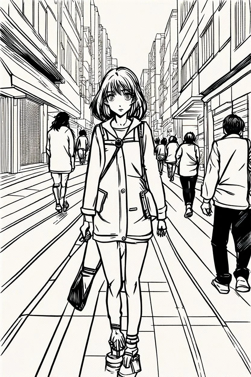 girl walk on the streets, manga style, line arts illustration