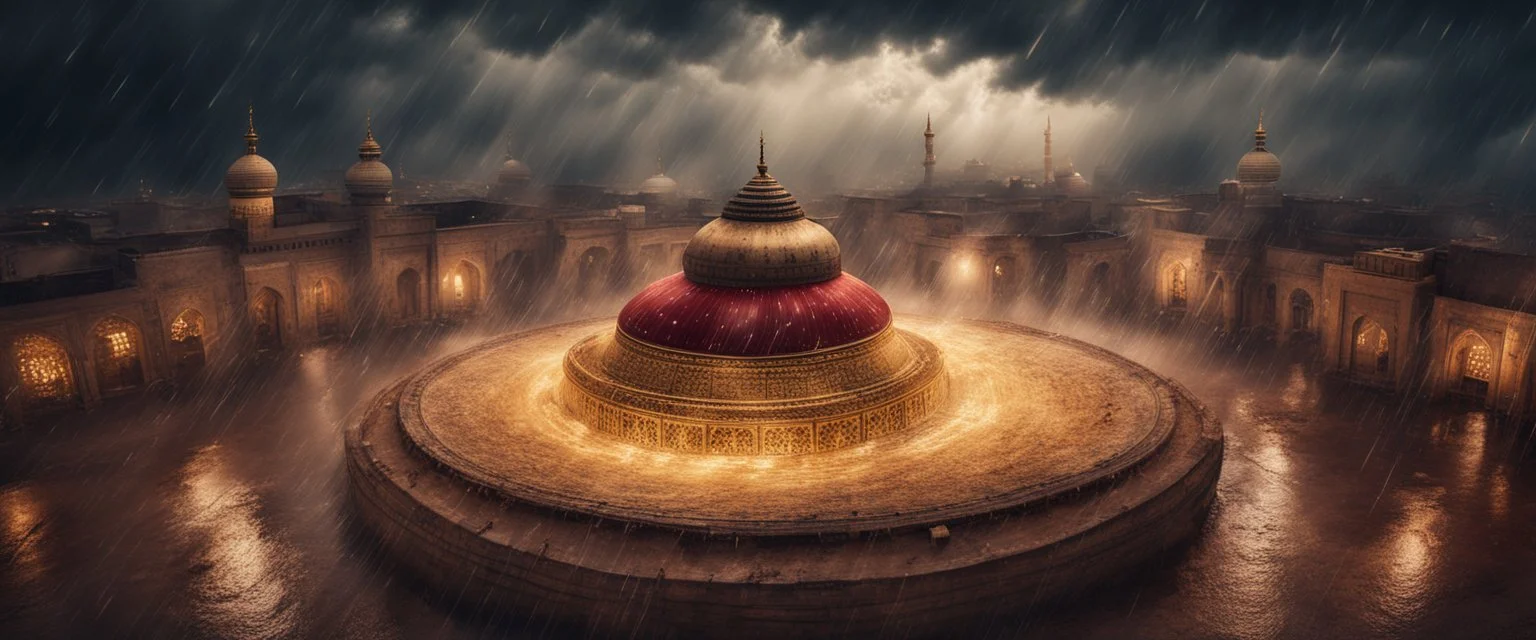 Hyper Realistic photographic-aerial-view Sufi Whirling with Golden & Maroon Islamic Sufi Rustic Grungy Background with thunderstorm at heavy rainy night outside an ancient Islamic architectural building showing dramatic & cinematic ambiance.