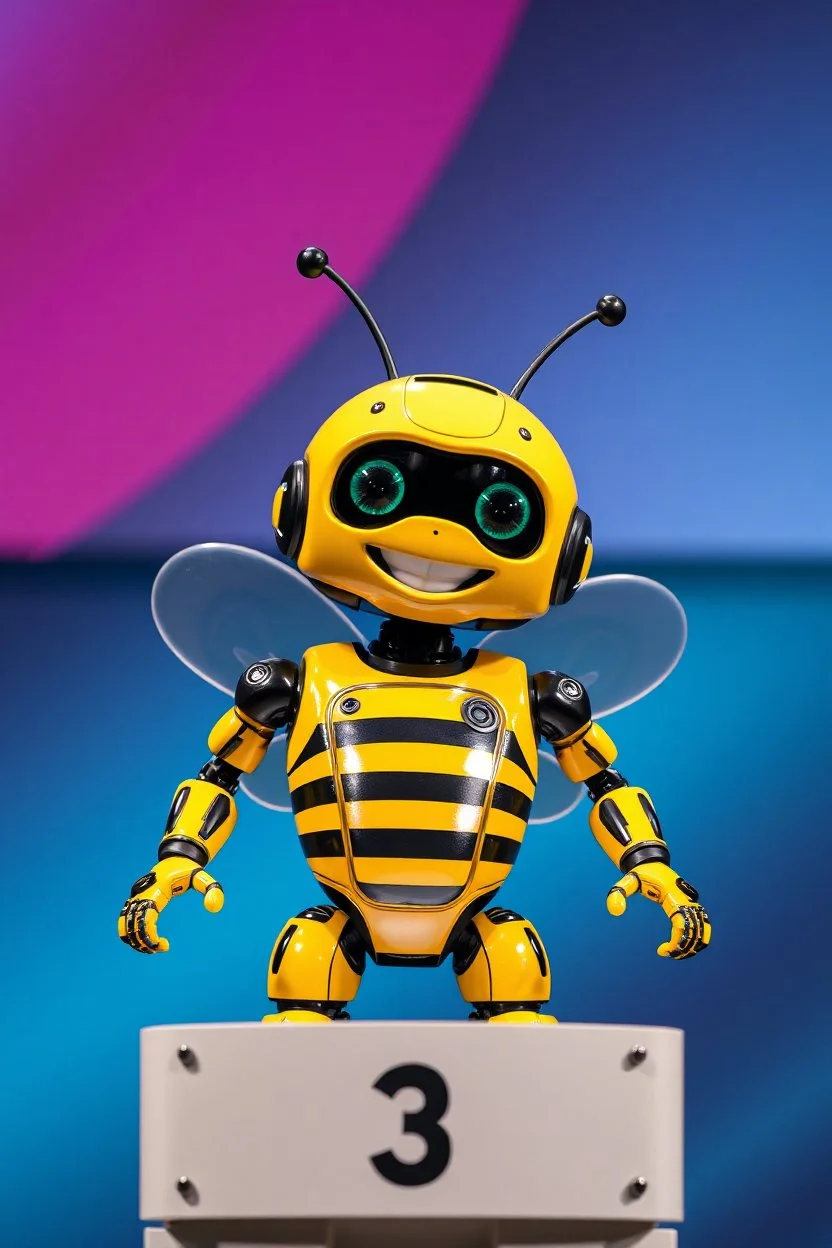 full figure Gordon Ramsey smiling as a bee robot striped alien on podium