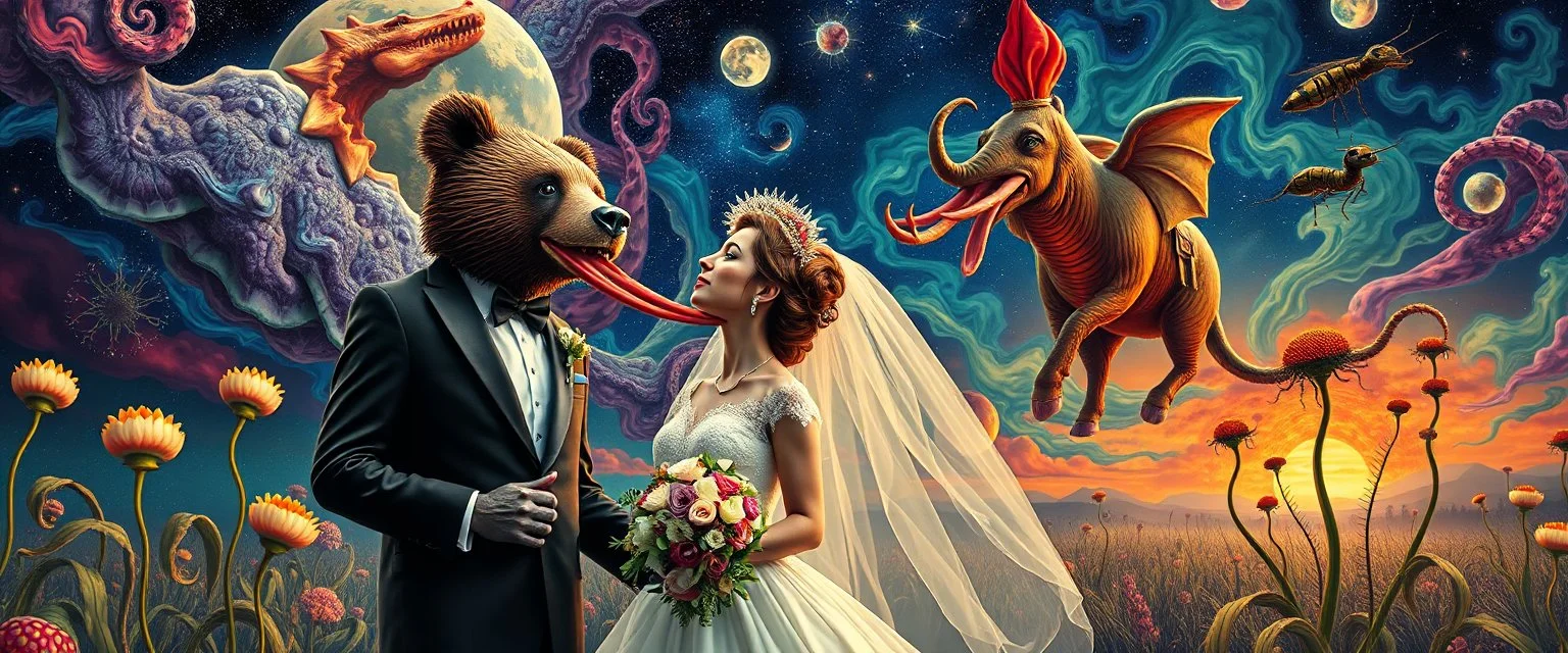 wedding couples promenade portrait of a bear ant eater squid elephant horse dragon floating in 4 dimensions, goa trance movie poster, stylized art, weird endless plants in the style of Dali and Rembrandt