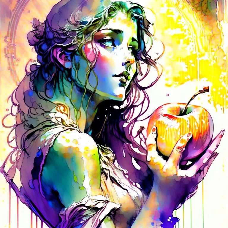 Eve and holding the apple, wet on wet watercolors splash, ink Modifiers: highly detailed digital painting elegant photorealistic very attractive beautiful dynamic lighting award winning high definition hdr matte background cinematic postprocessing pencil sketch Alphonse Mucha neon Iridescent Craig Rutkowski