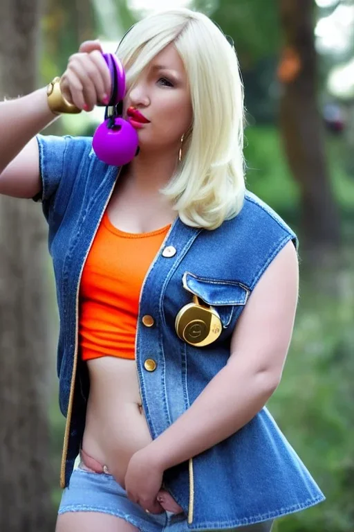 blonde taking selfie.thick thighs,thick calves,flat belly,curvy fell. New kind of bolero is sewed of upcycled Denim, which condescends with integrated bag[SIC]. It is sewed together of camouflage pieces, whose color are all denim colors, orange, cream and purple. Big colored headphones (gold rings!) is merged with small felt cap with small visor. It is with big bright purple felt tippet and birght-colored-hood is merged with colorful beanie. Style: Haute Couture, 1980's Finland, N.Y.C fashion