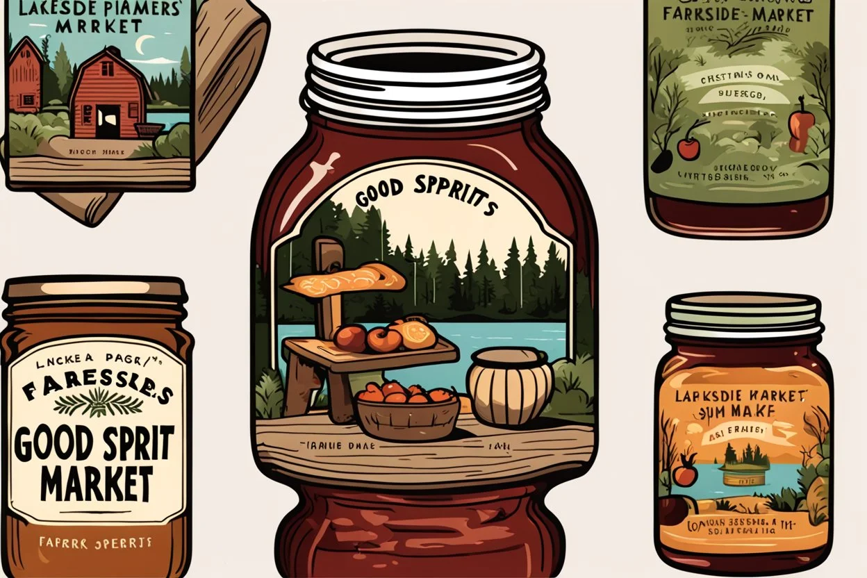 Stickers for a lakeside farmers' market "Good Spirit Market" in a national parks sticker style, featuring illustrations of home preserves.