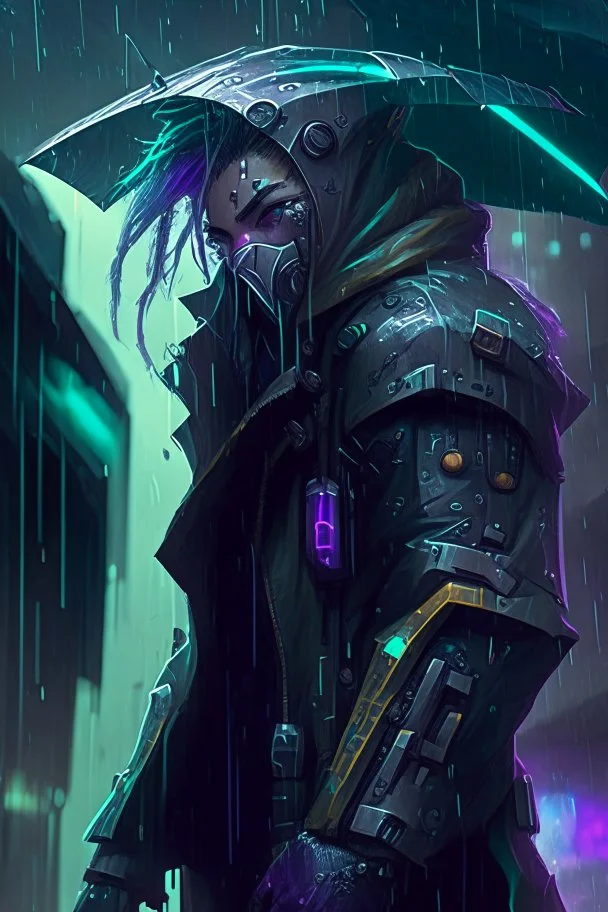 Shen from League of Legends in style cyberpunk in the rain