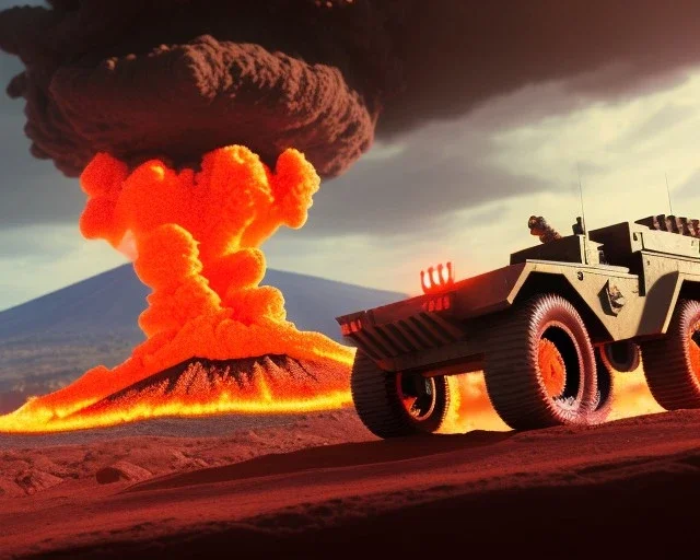 wide angle of Gi joe driving A lunar armored rover with tracks and claw and orange, troops, Violently Erupting volcano in background, White headlights