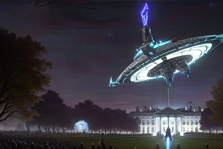 a alien craft that has landed on the white house lawn :: made of shiny obsidian glass :: reflective, glassy :: subtractive lighting, backlit :: by John William Waterhouse, Greg Rutkowski, HR Giger :: hyperrealistic, hyper detailed, photorealistic :: epic, incredible composition, amazing depth, meticulously composed, 16k resolution concept art :: fantasy magazine cover art