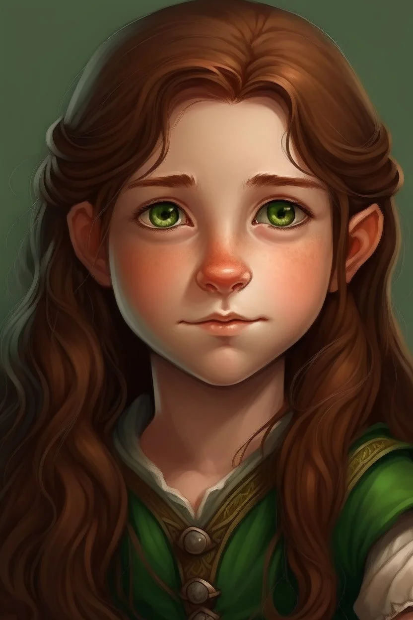 Portrait of female halfling with long Brown hair, green eyes