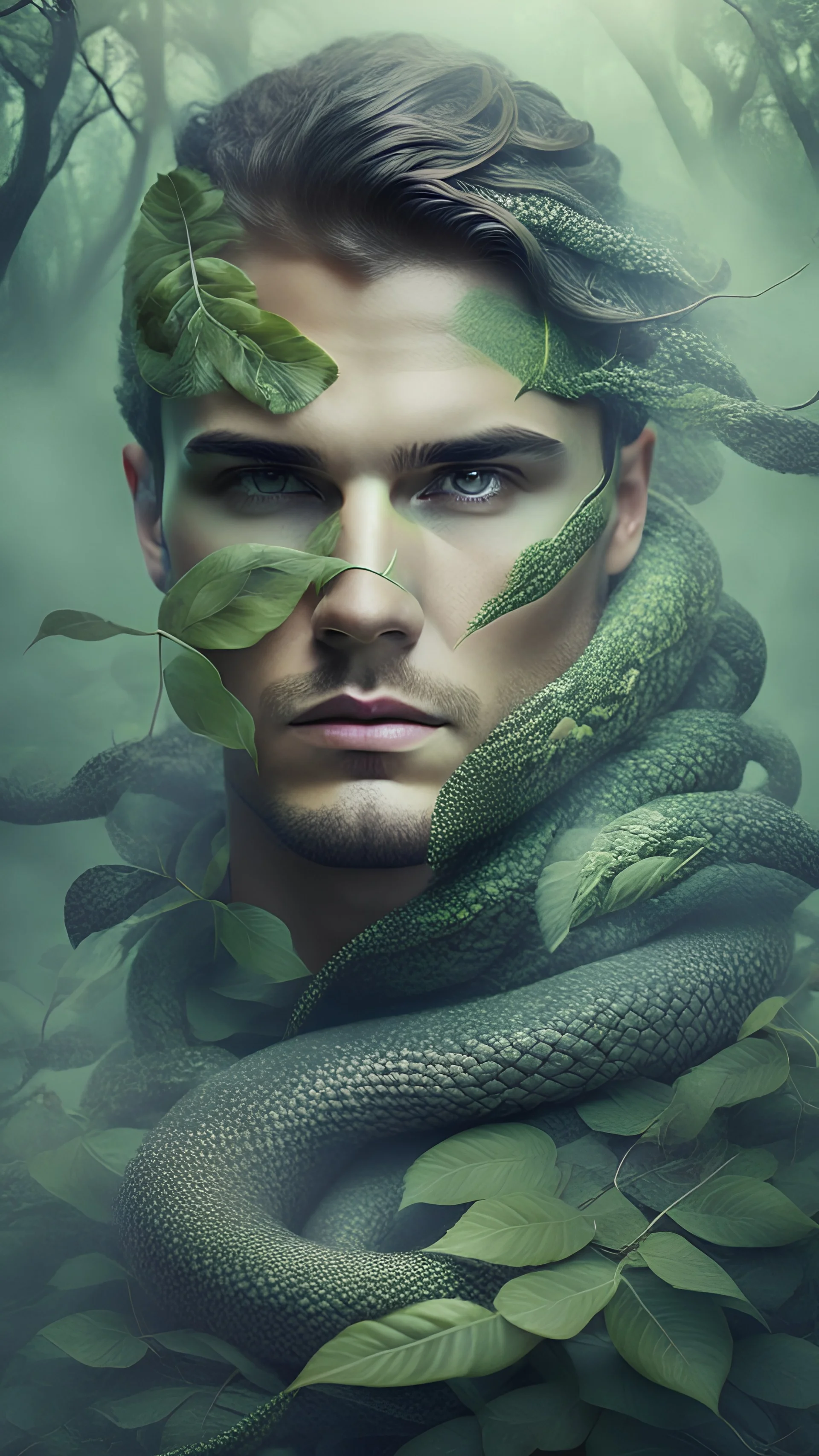 Photoreal man with leaves and snakes instead of hair shrouded in green fog